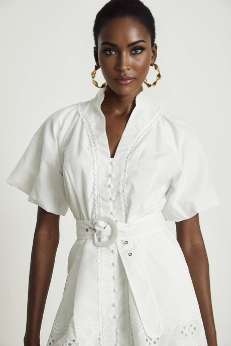Faith Mini Dress - V - neck - Short sleeves - Cut - out detailing - Belted waist