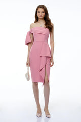 Faith Pink Off Shoulder Ruched Midi Dress