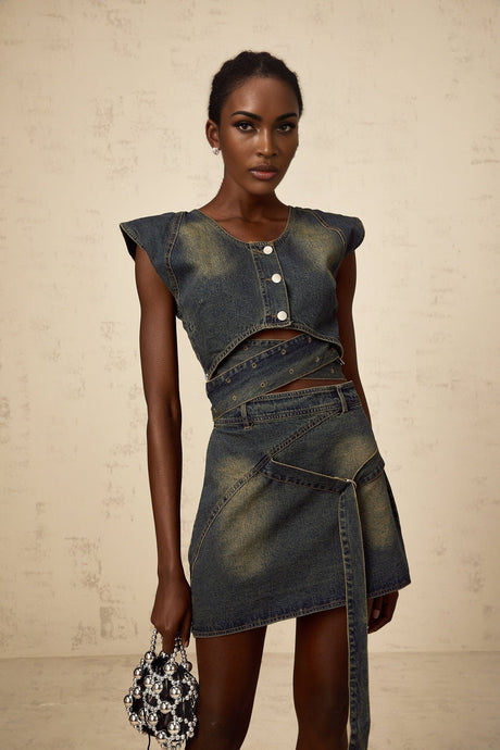 Fanny blue crossover denim top  skirt matching set