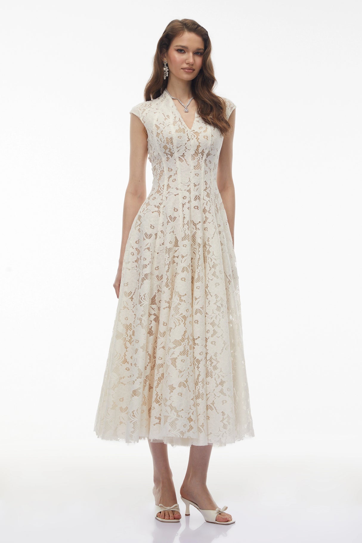 Fariba White VNeck Floral Lace Maxi Dress