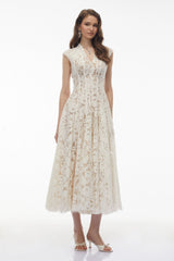 Fariba White VNeck Floral Lace Maxi Dress