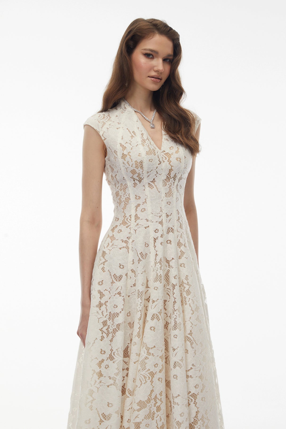 Fariba White VNeck Floral Lace Maxi Dress
