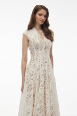 Fariba White VNeck Floral Lace Maxi Dress