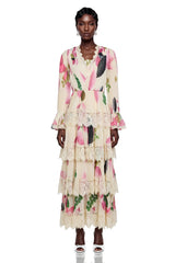 Farnaz Cream Floral Print Maxi Dress with Lace Trim