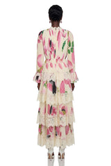 Farnaz Cream Floral Print Maxi Dress with Lace Trim