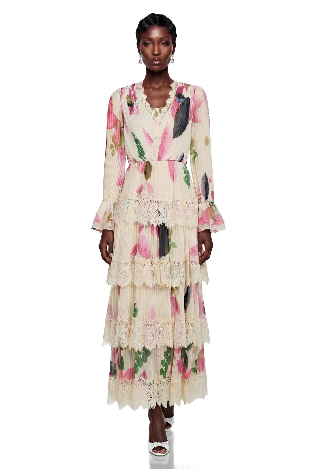 Farnaz Cream Floral Print Maxi Dress with Lace Trim