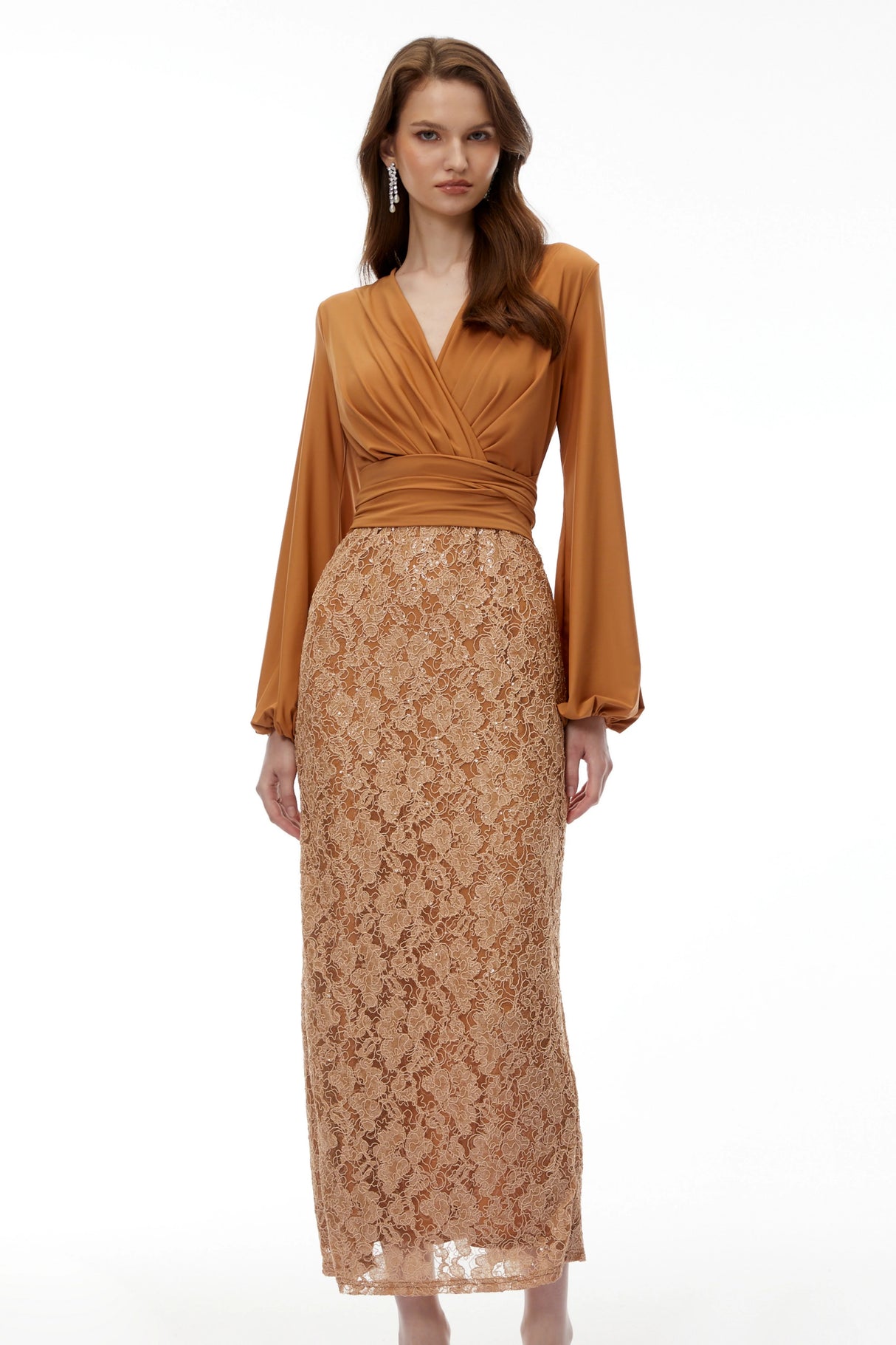 Fauna Brown Plunge Neck Lace Maxi Dress