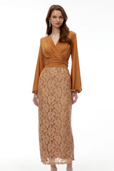 Fauna Brown Plunge Neck Lace Maxi Dress