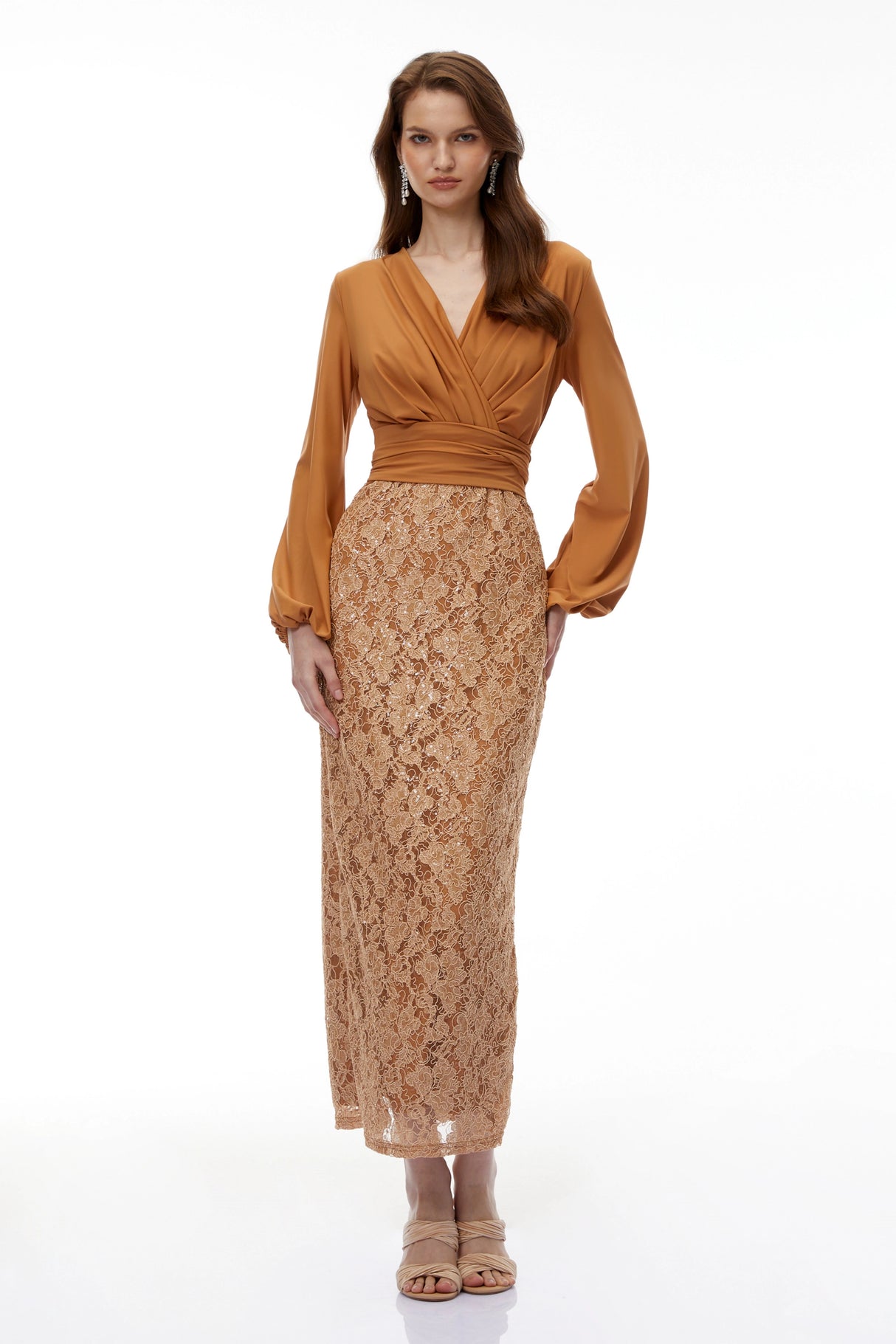 Fauna Brown Plunge Neck Lace Maxi Dress