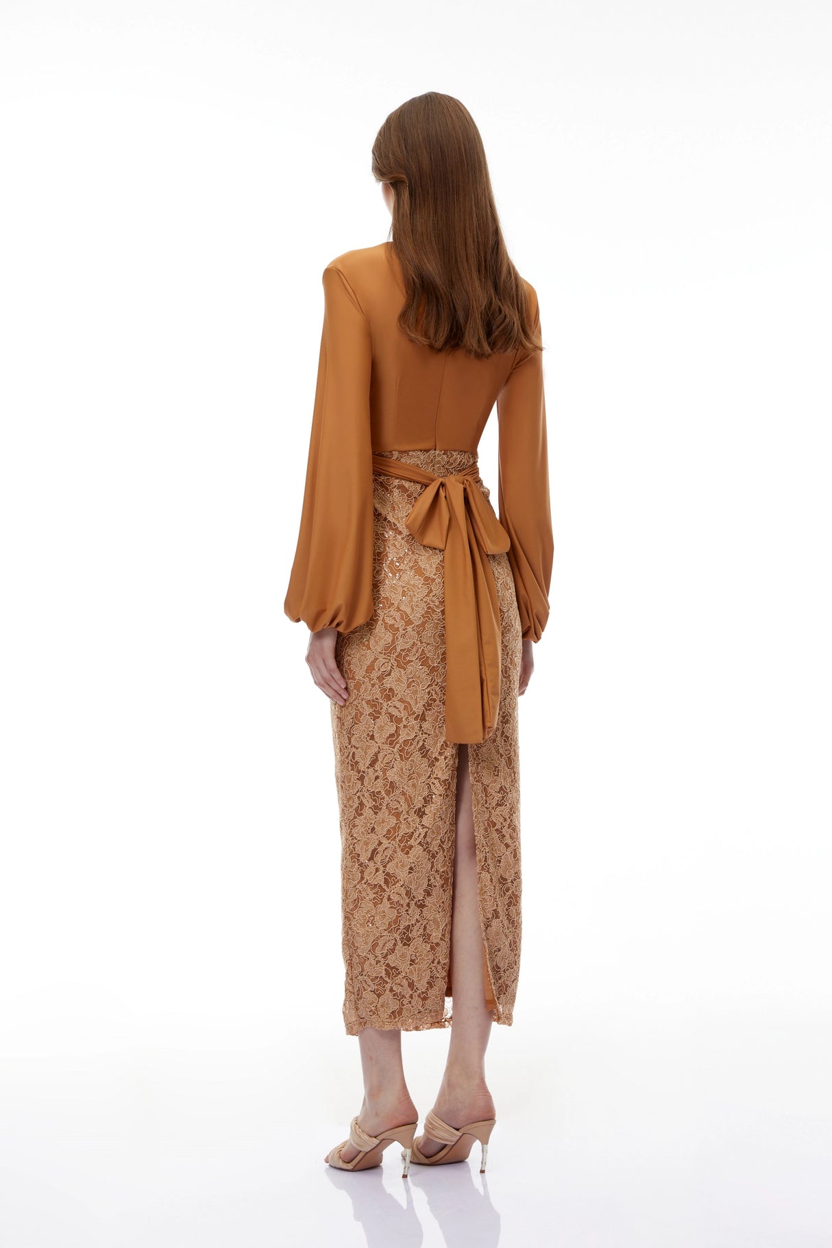 Fauna Brown Plunge Neck Lace Maxi Dress