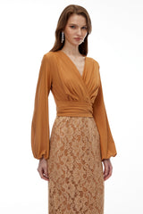 Fauna Brown Plunge Neck Lace Maxi Dress