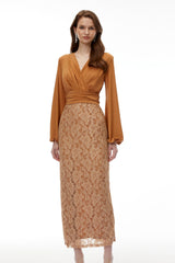 Fauna Brown Plunge Neck Lace Maxi Dress