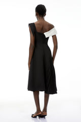 Faustine Black Asymmetrical Color Block Midi Dress