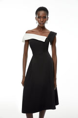 Faustine Black Asymmetrical Color Block Midi Dress