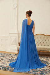 Faustine Blue Cape Design Ruched Maxi Dress