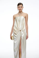 Faustine Champagne Satin Strapless Maxi Dress with Slit