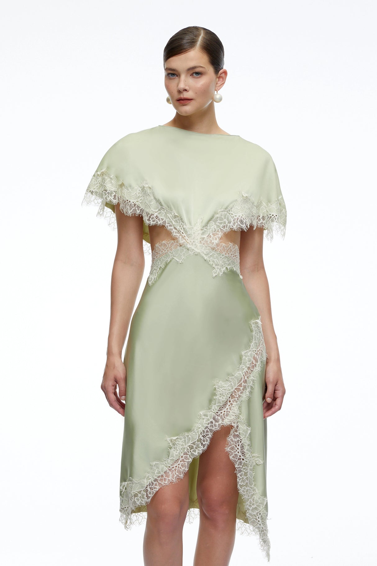 Faye Green Asymmetrical Midi Dress With Lace Trim