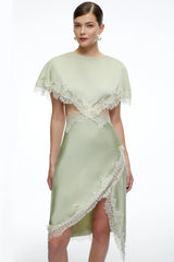 Faye Green Asymmetrical Midi Dress With Lace Trim