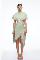 Faye Green Asymmetrical Midi Dress With Lace Trim