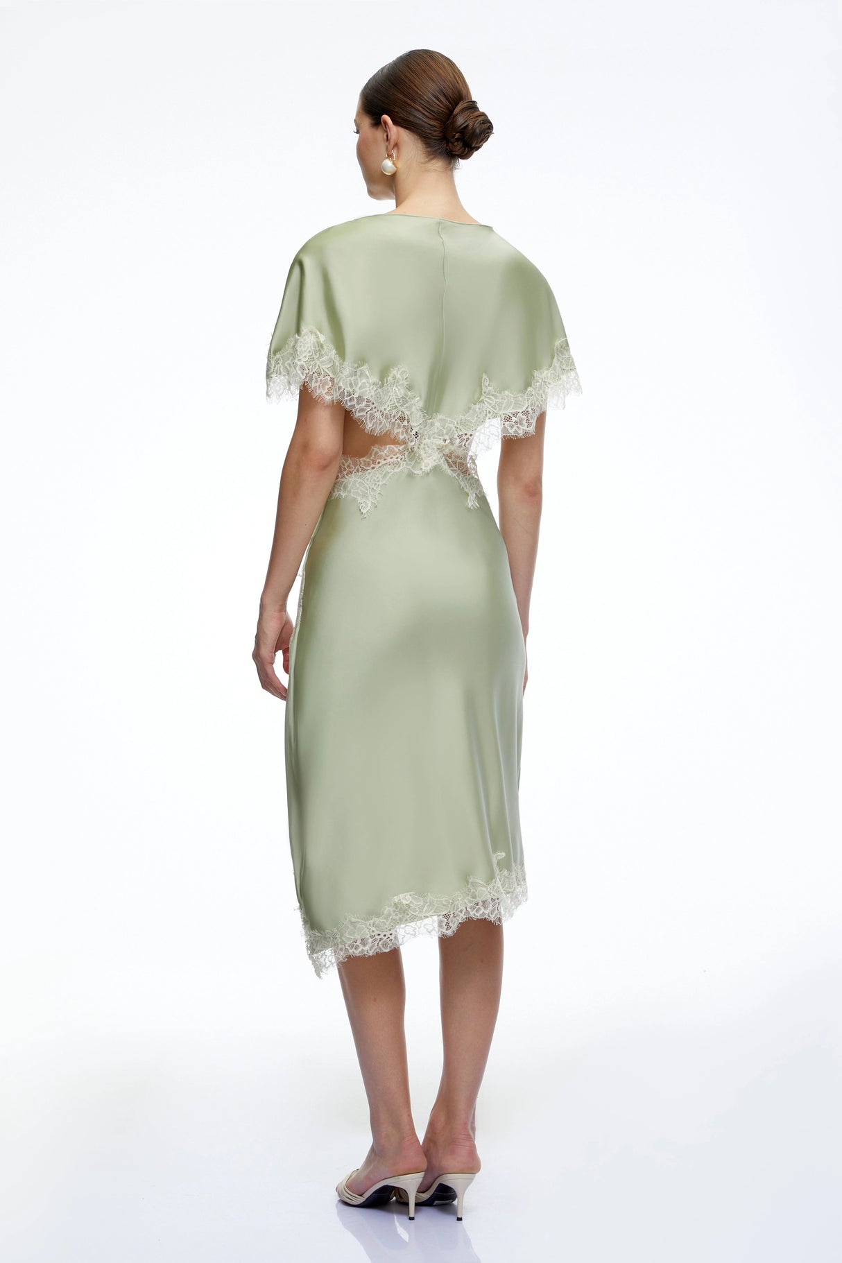 Faye Green Asymmetrical Midi Dress With Lace Trim