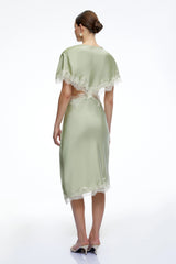 Faye Green Asymmetrical Midi Dress With Lace Trim