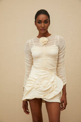 Federica Blouse - Round Neck - Long Sleeves - Mesh Detailing - Ruched Design - Floral Appliqué