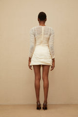 Federica Blouse - Round Neck - Long Sleeves - Mesh Detailing - Ruched Design - Floral Appliqué