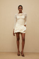 Federica Blouse - Round Neck - Long Sleeves - Mesh Detailing - Ruched Design - Floral Appliqué