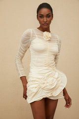 Federica Blouse - Round Neck - Long Sleeves - Mesh Detailing - Ruched Design - Floral Appliqué