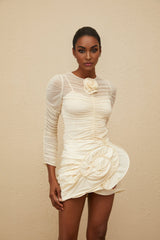 Federica Blouse - Round Neck - Long Sleeves - Mesh Detailing - Ruched Design - Floral Appliqué