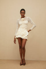 Federica Blouse - Round Neck - Long Sleeves - Mesh Detailing - Ruched Design - Floral Appliqué