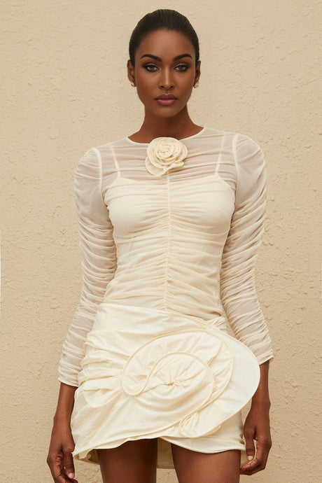 Federica Blouse - Round Neck - Long Sleeves - Mesh Detailing - Ruched Design - Floral Appliqué