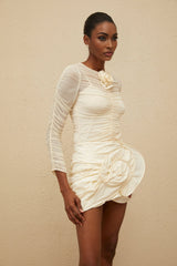 Federica Blouse - Round Neck - Long Sleeves - Mesh Detailing - Ruched Design - Floral Appliqué