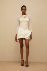 Federica Blouse - Round Neck - Long Sleeves - Mesh Detailing - Ruched Design - Floral Appliqué