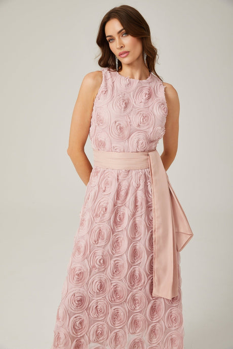Federica Floral Midi Dress - Sleeveless - Faux - Flower Embellishments - Tie Waist - With Side Inset Pockets and Rear Zip Fastening