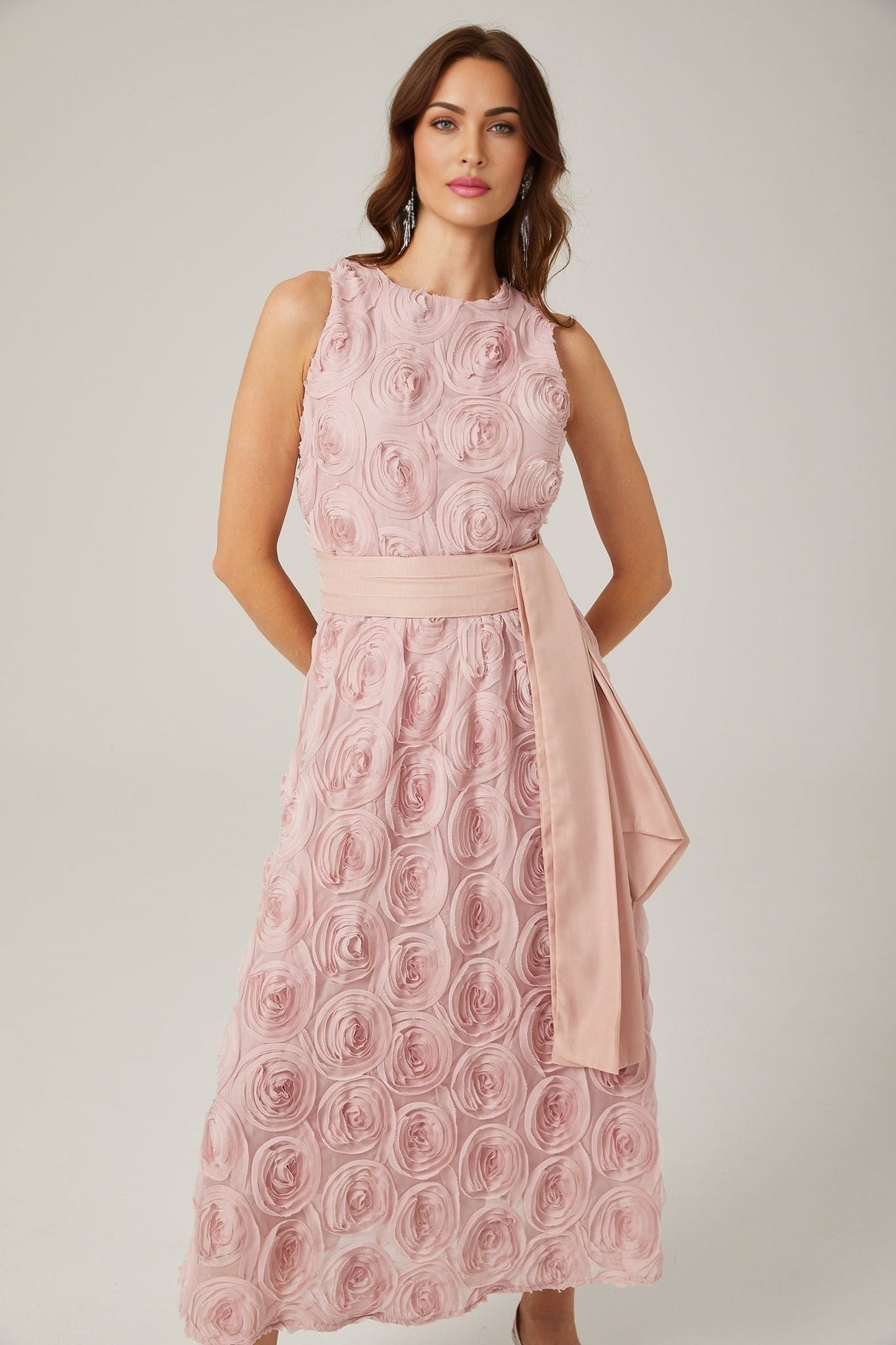Federica Floral Midi Dress - Sleeveless - Faux - Flower Embellishments - Tie Waist - With Side Inset Pockets and Rear Zip Fastening