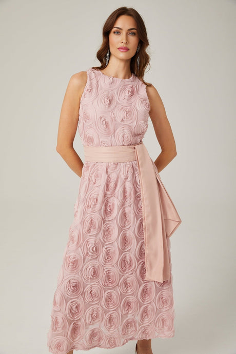 Federica Floral Midi Dress - Sleeveless - Faux - Flower Embellishments - Tie Waist - With Side Inset Pockets and Rear Zip Fastening