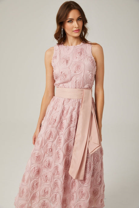 Federica Floral Midi Dress - Sleeveless - Faux - Flower Embellishments - Tie Waist - With Side Inset Pockets and Rear Zip Fastening