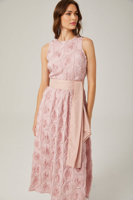 Federica Floral Midi Dress - Sleeveless - Faux - Flower Embellishments - Tie Waist - With Side Inset Pockets and Rear Zip Fastening