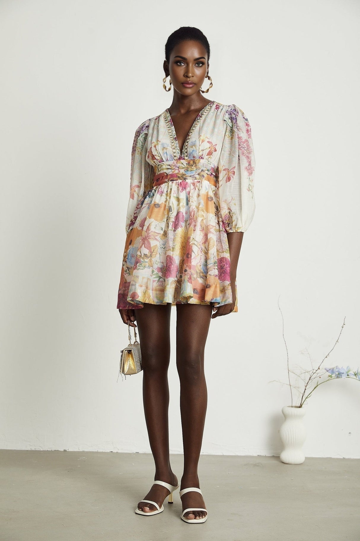 Federica Floral Mini Dress - V Neck - Flared Skirt - Short Sleeves