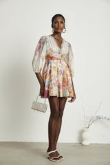Federica Floral Mini Dress - V Neck - Flared Skirt - Short Sleeves