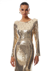 Federica Gold Train Sequined Maxi Dress