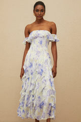 Federica Maxi Dress - Blue Floral Print Off - Shoulder Ruffled Elegant Shirred Floor - Length