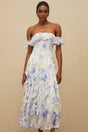 Federica Maxi Dress - Blue Floral Print Off - Shoulder Ruffled Elegant Shirred Floor - Length