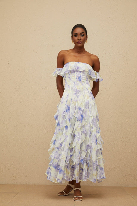 Federica Maxi Dress - Blue Floral Print Off - Shoulder Ruffled Elegant Shirred Floor - Length