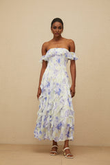 Federica Maxi Dress - Blue Floral Print Off - Shoulder Ruffled Elegant Shirred Floor - Length