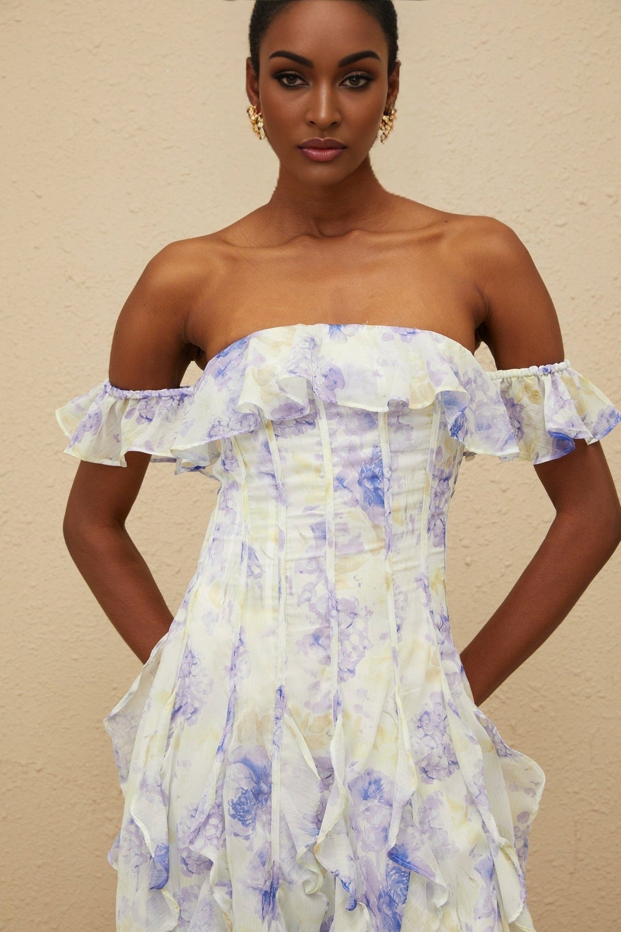 Federica Maxi Dress - Blue Floral Print Off - Shoulder Ruffled Elegant Shirred Floor - Length