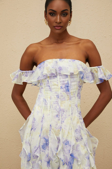 Federica Maxi Dress - Blue Floral Print Off - Shoulder Ruffled Elegant Shirred Floor - Length