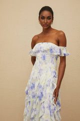 Federica Maxi Dress - Blue Floral Print Off - Shoulder Ruffled Elegant Shirred Floor - Length