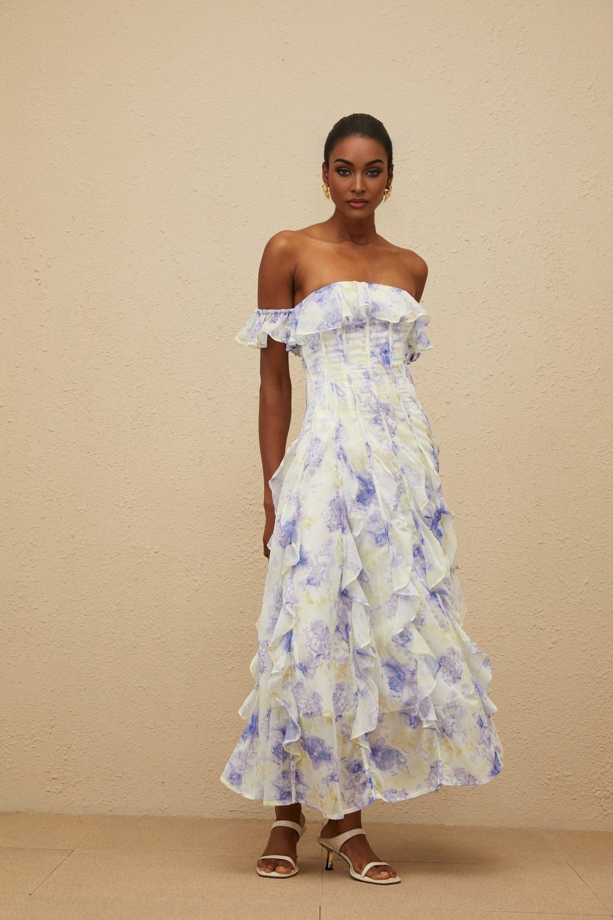 Federica Maxi Dress - Blue Floral Print Off - Shoulder Ruffled Elegant Shirred Floor - Length